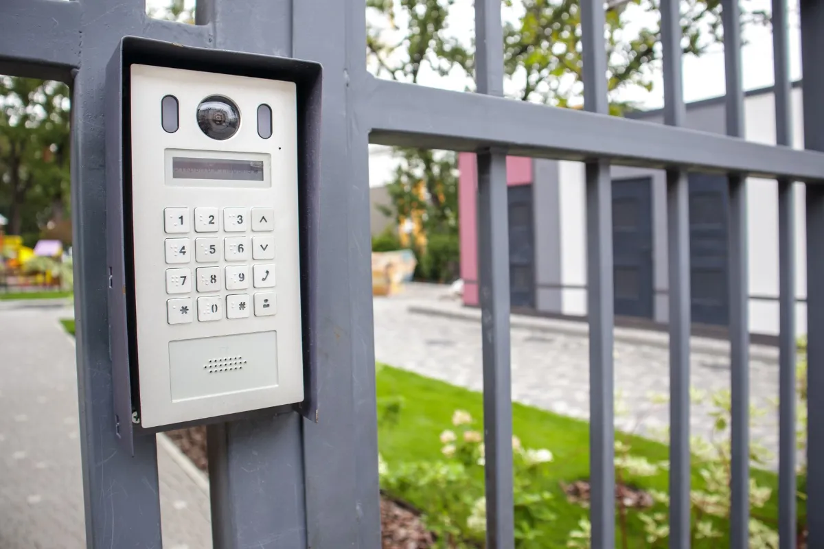 Video intercom on the gate at the entrance to the residential area.