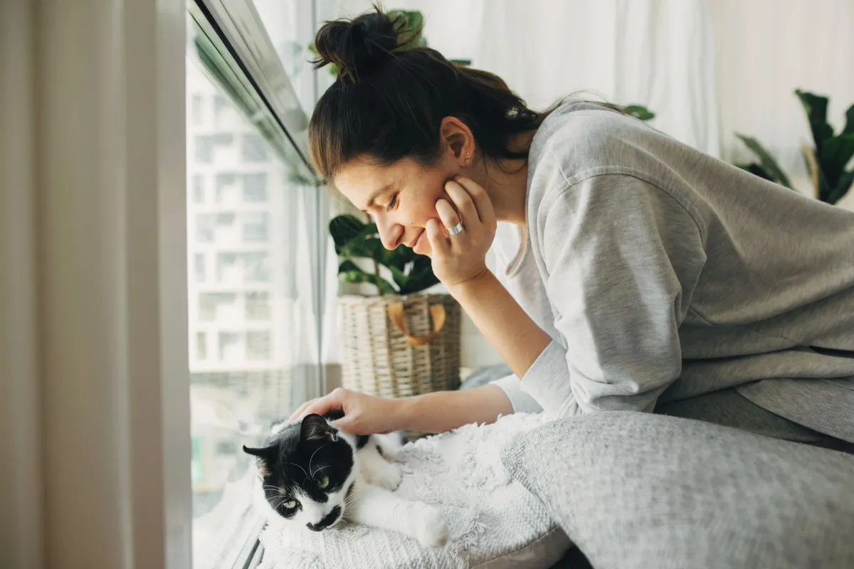 Woman playing with cute cat, sitting together at home