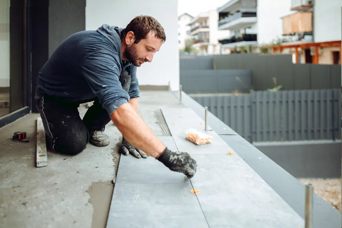 ASSM-Waterproofing responsibility strata owners industrial worker, handyman installing big ceramic tiles on bathroom walls. Balcony area covered in ceramic tiles with strong adhesive