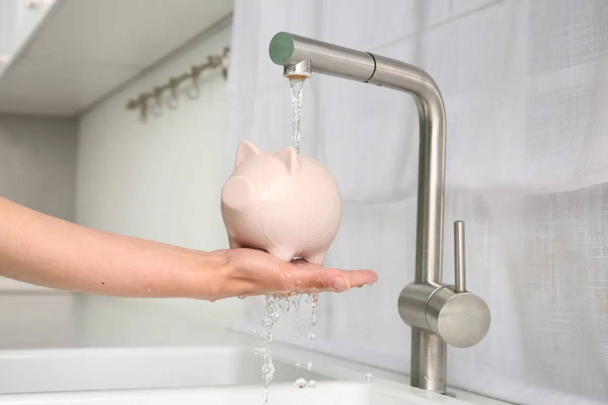 Water saving concept. Woman with piggy bank under tap water in kitchen.