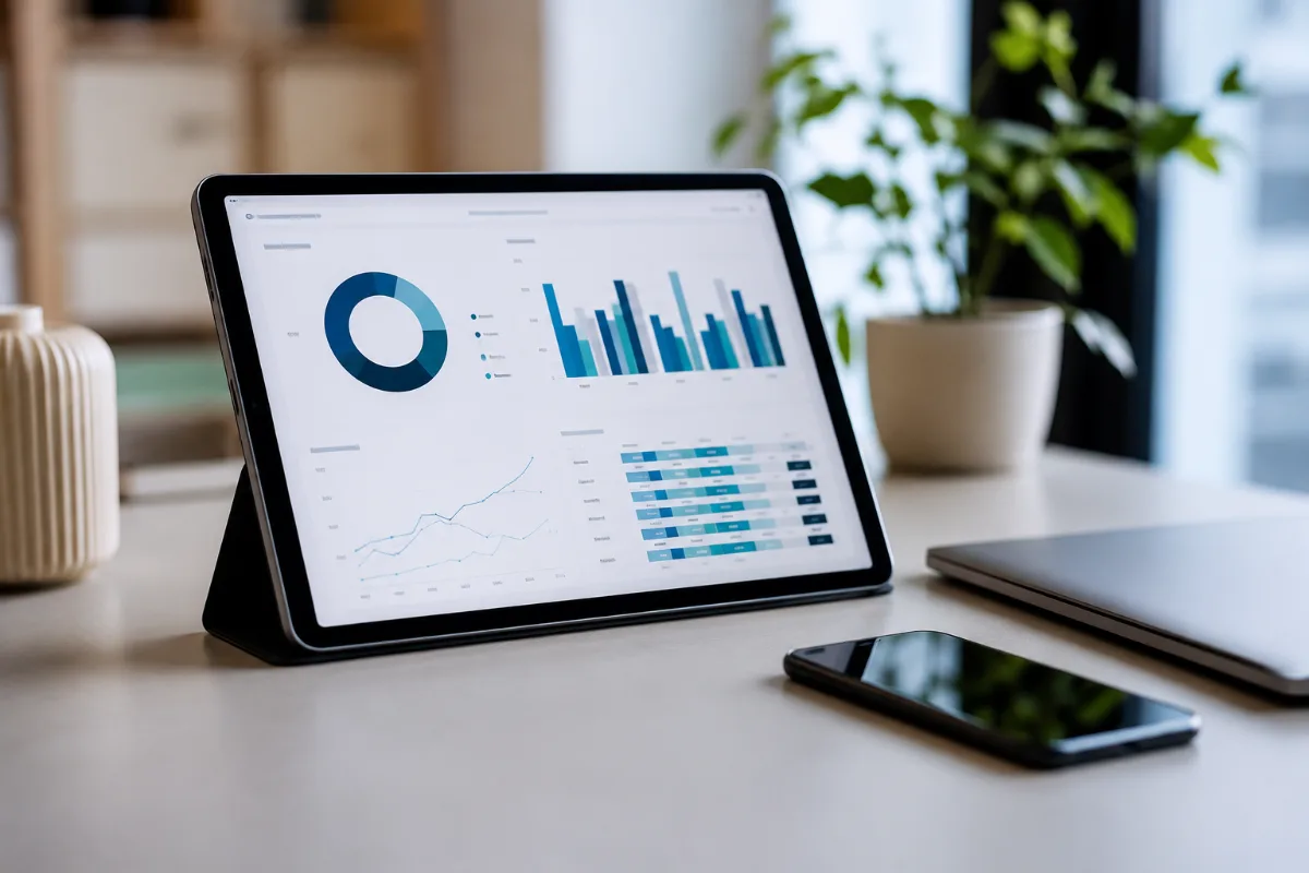Modern digital budget dashboard displayed on a tablet in a contemporary office setting.