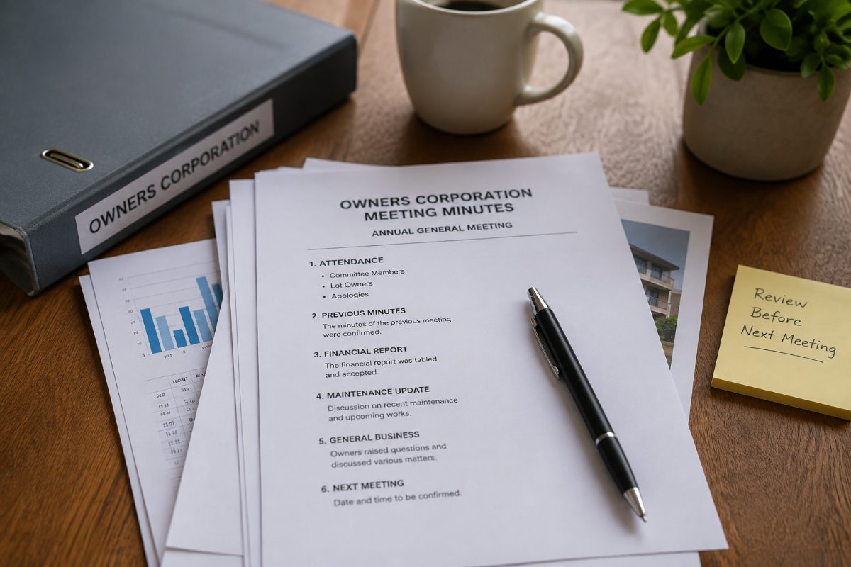 Strata meeting papers with financial and maintenance reports ready for review.