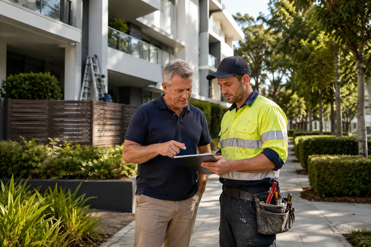 Committee member discussing maintenance progress with a contractor outside a modern strata apartment building.